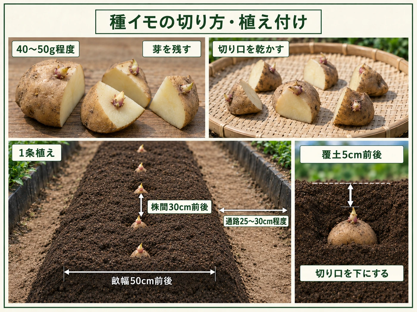 ジャガイモの種イモを40〜50g程度に切り分け、株間30cm前後の1条植えで覆土5cm前後に植える方法