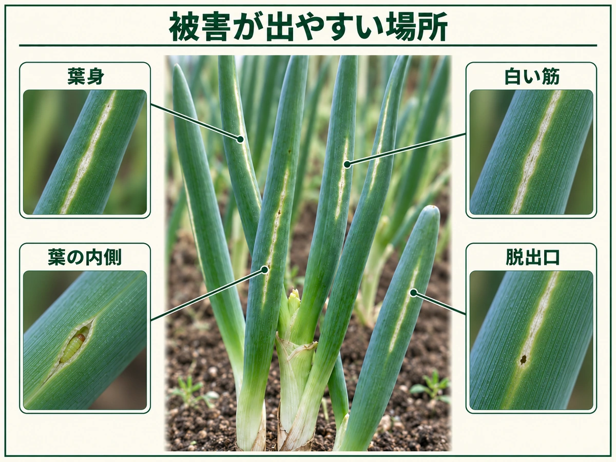 ネギコガの被害が出やすい葉身、葉の内側、白い筋、脱出口を示した図解
