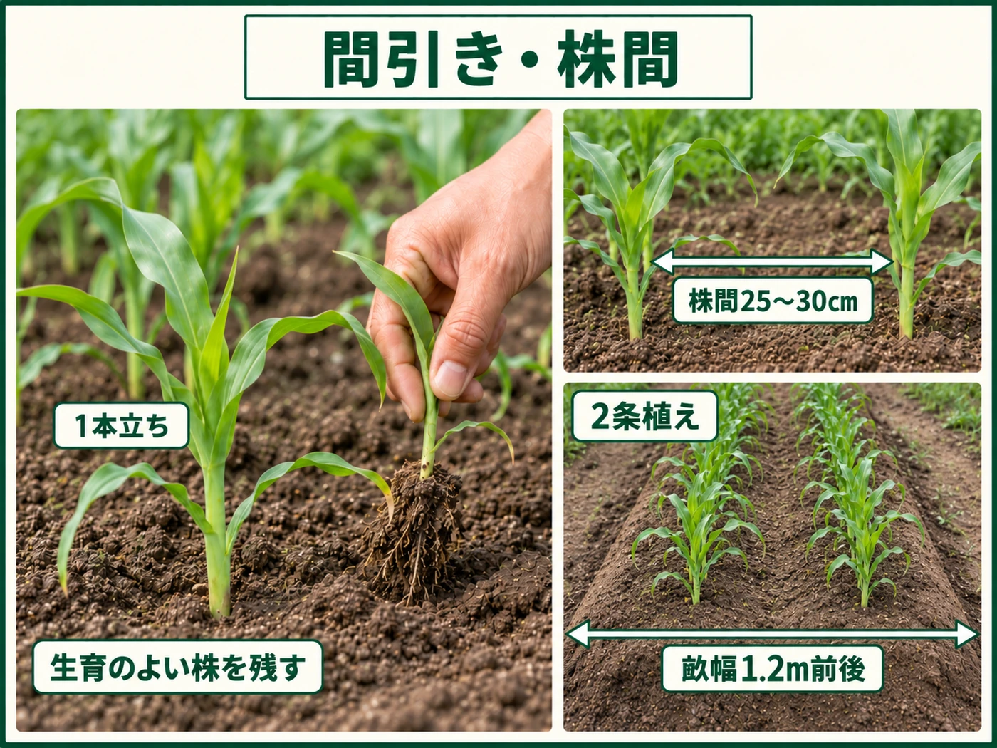 トウモロコシを2条植えで間引きし株間25〜30cmの1本立ちに整える方法