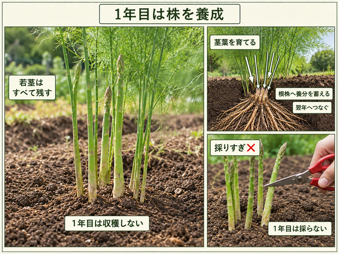 アスパラガスの1年目は若茎を収穫せず茎葉を伸ばして株を養成する方法