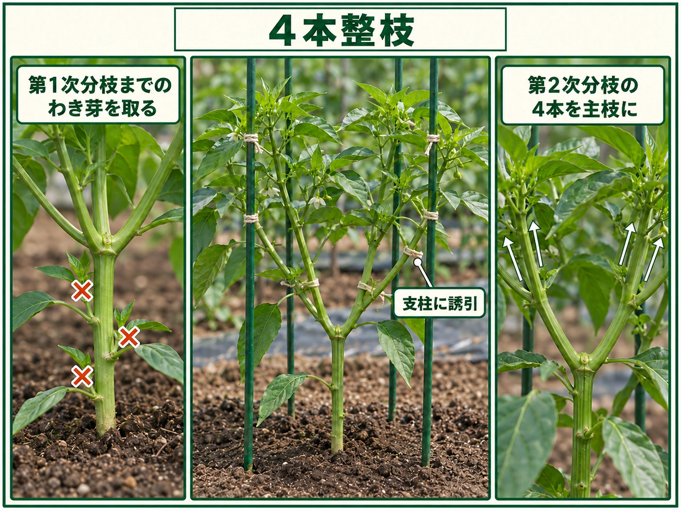 ピーマンで第1次分枝までのわき芽を取り、第2次分枝の4本を主枝にする4本整枝