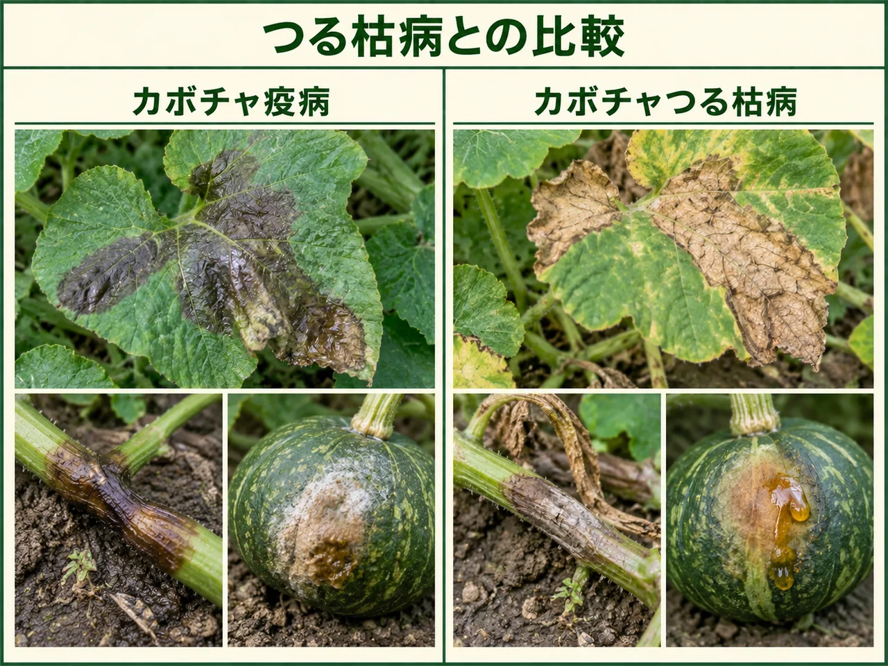カボチャ疫病とカボチャつる枯病の葉・つる・果実症状を比較した図解