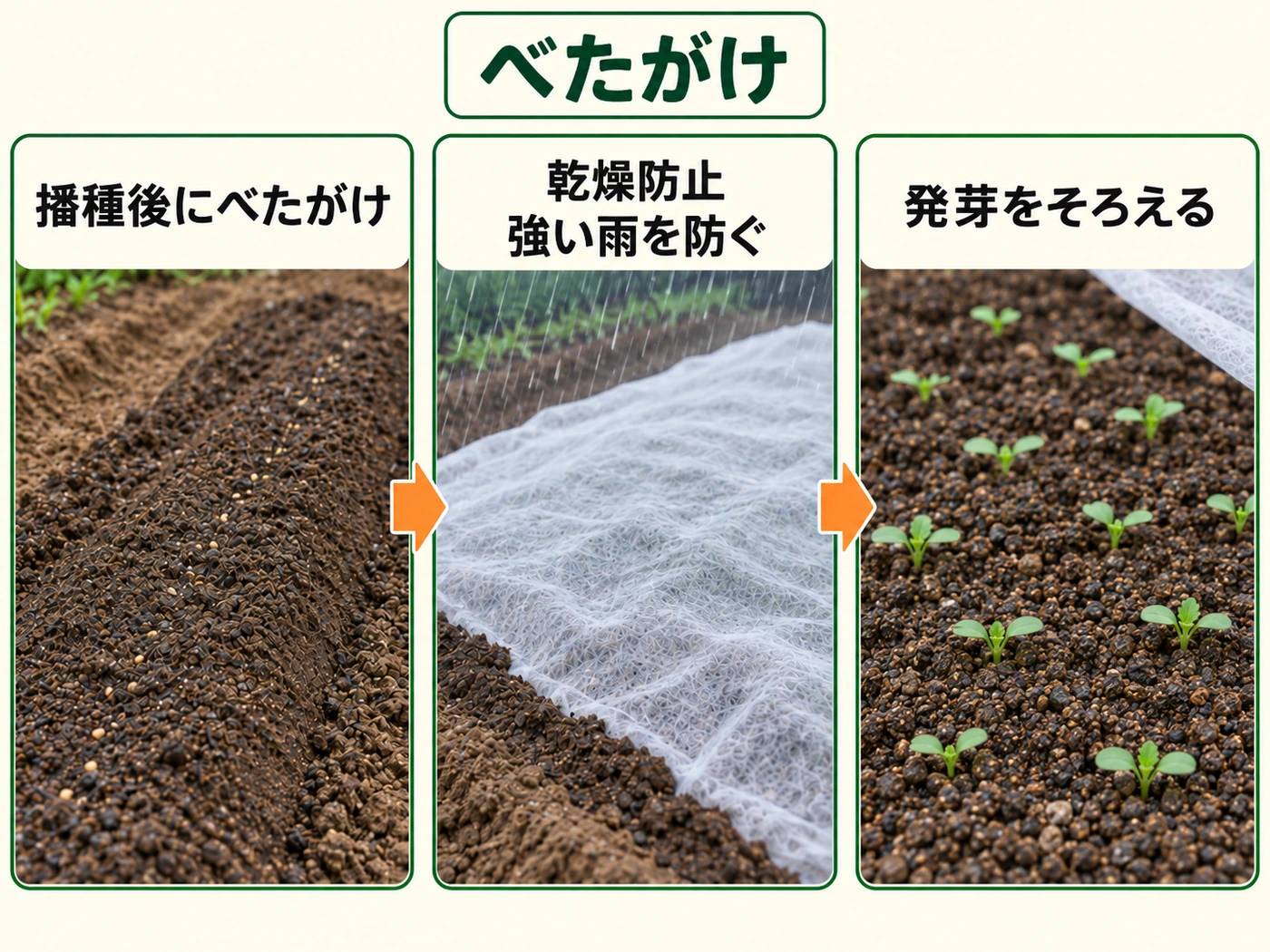 シュンギクの種まき後にべたがけして乾燥と強い雨を防ぐ方法