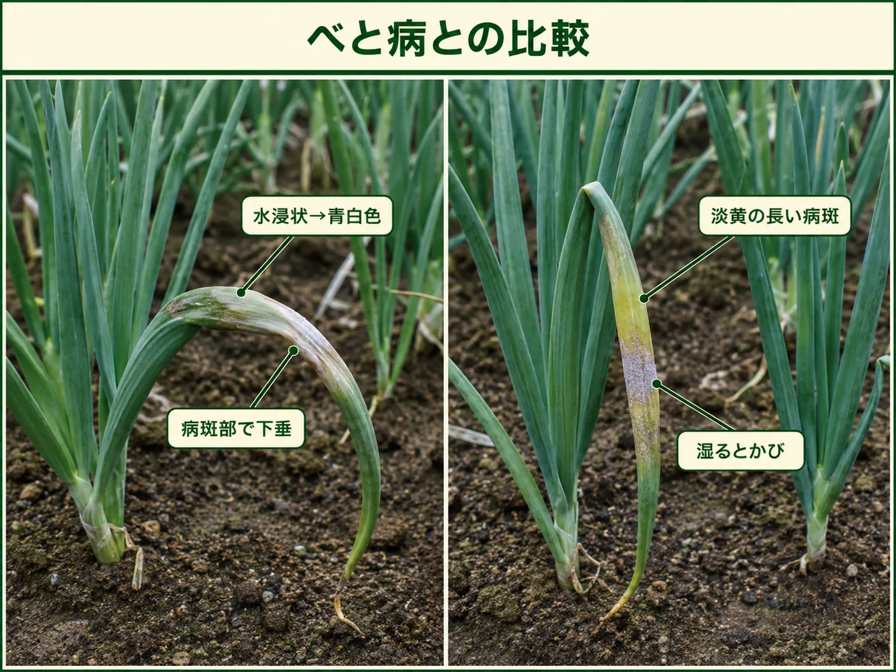 タマネギ白色疫病の水浸状から青白色の病斑と、べと病の淡黄色病斑・かびを比較した図解