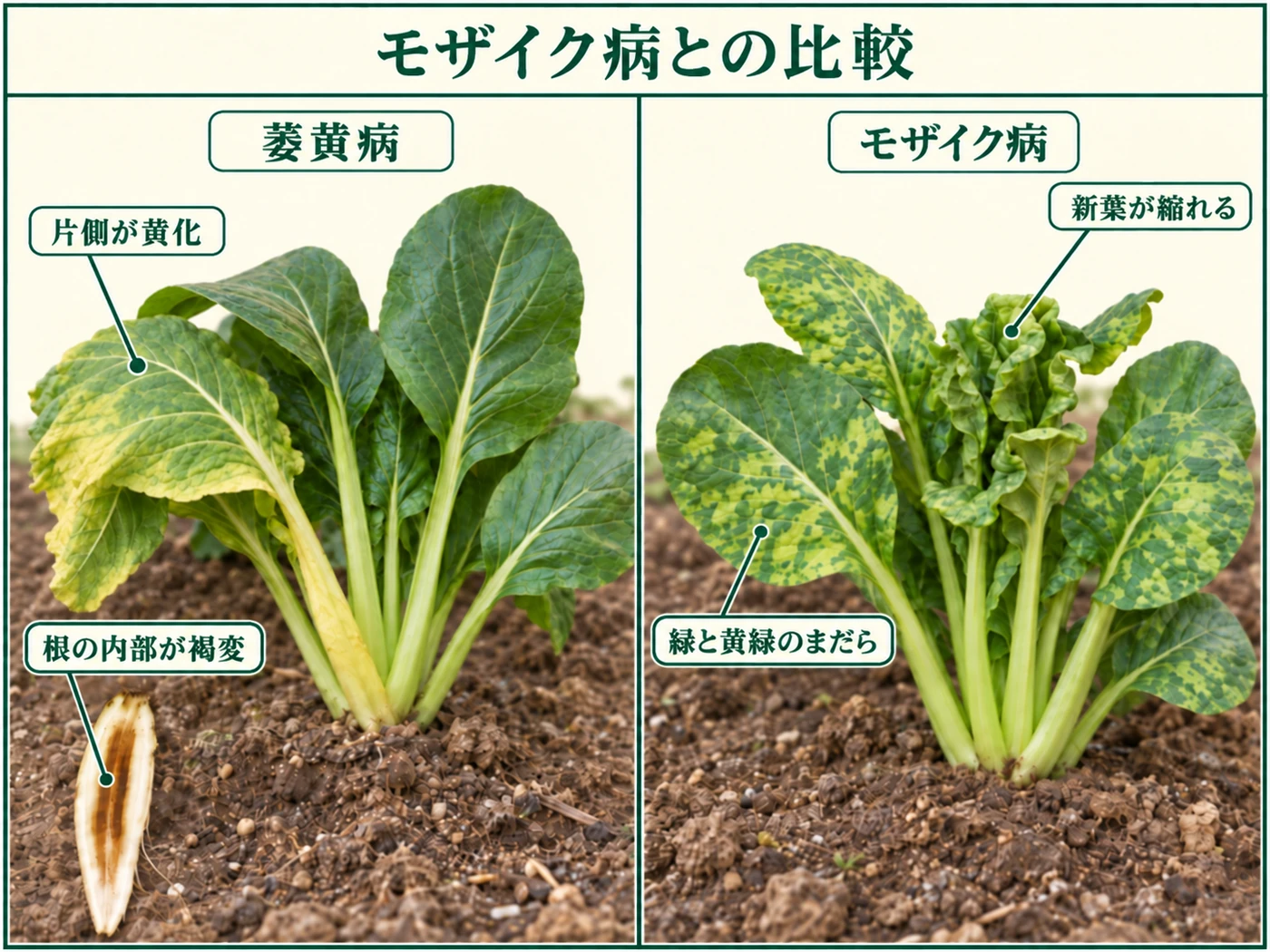 コマツナ萎黄病の片側黄化とモザイク病のモザイク状の濃淡を比較した図解