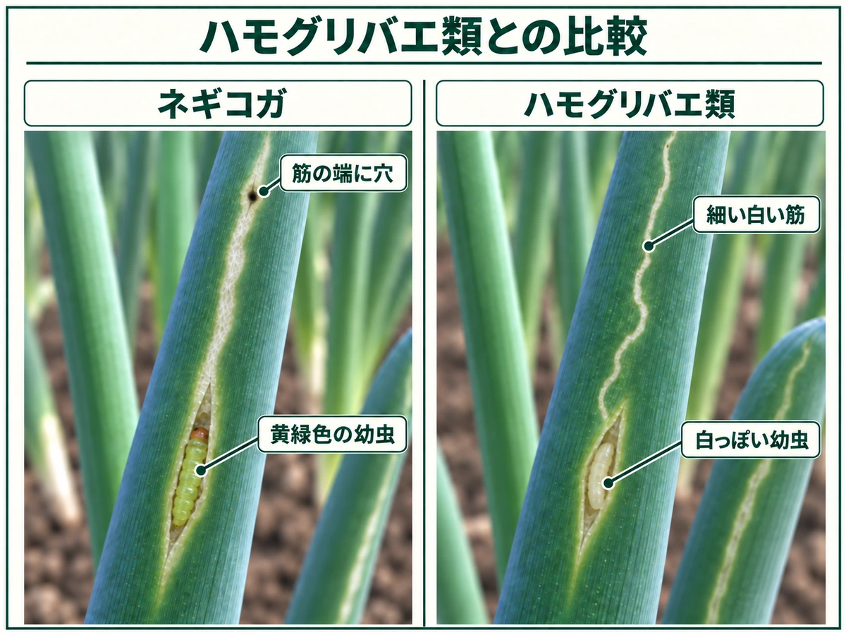 ネギコガとハモグリバエ類の白い筋の幅や幼虫の形の違いを比較した図解