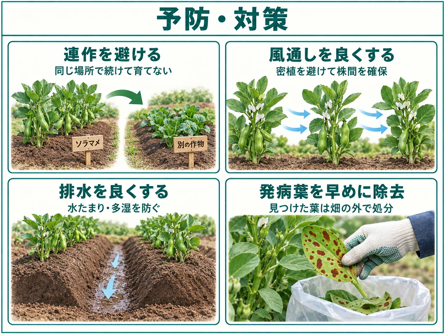 ソラマメ赤色斑点病の予防対策として輪作、通風、排水、発病葉の早期除去を示した図解