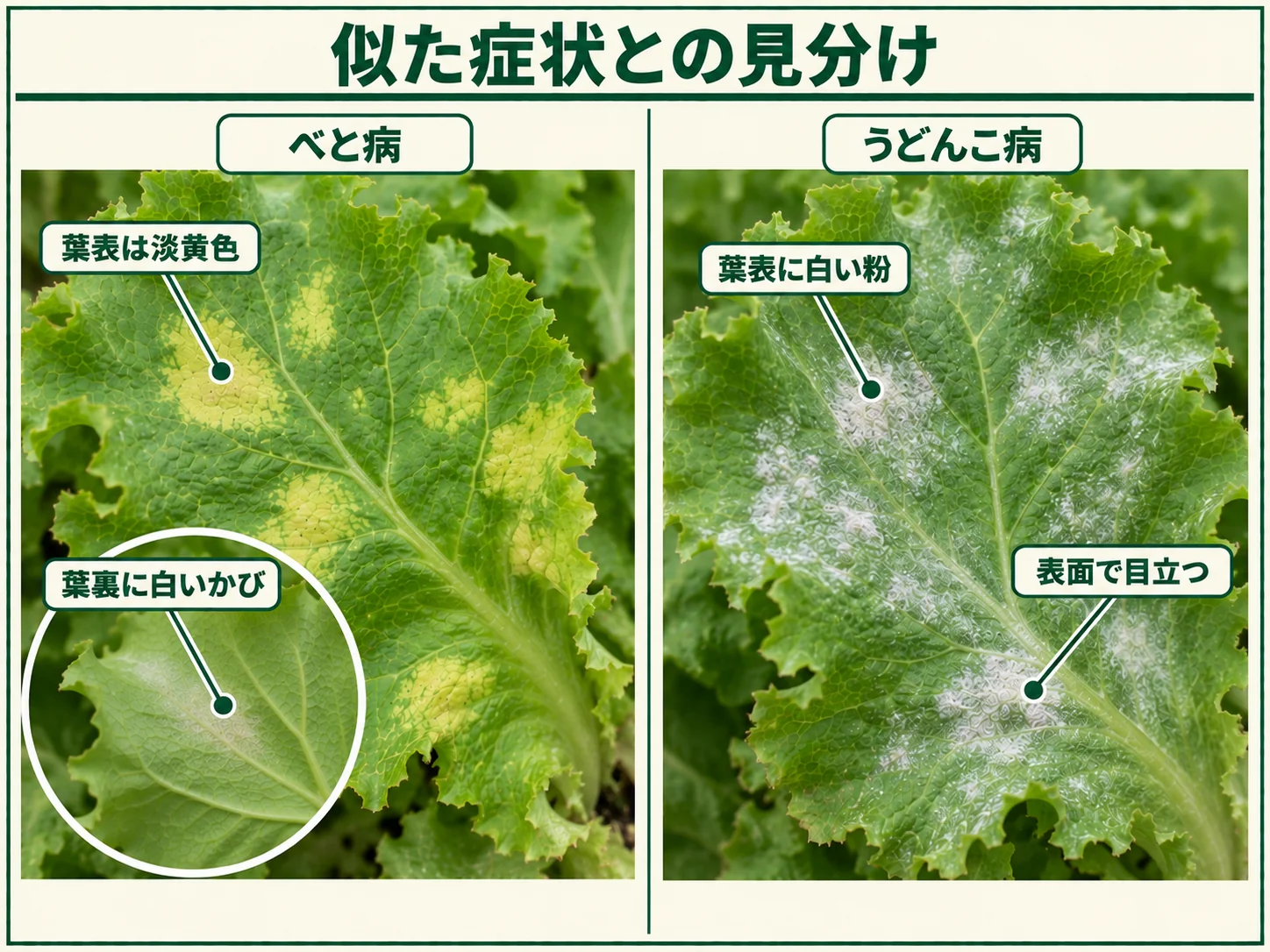 レタスべと病とうどんこ病の葉表の病斑と白いかびの出方の違いを比較した図解