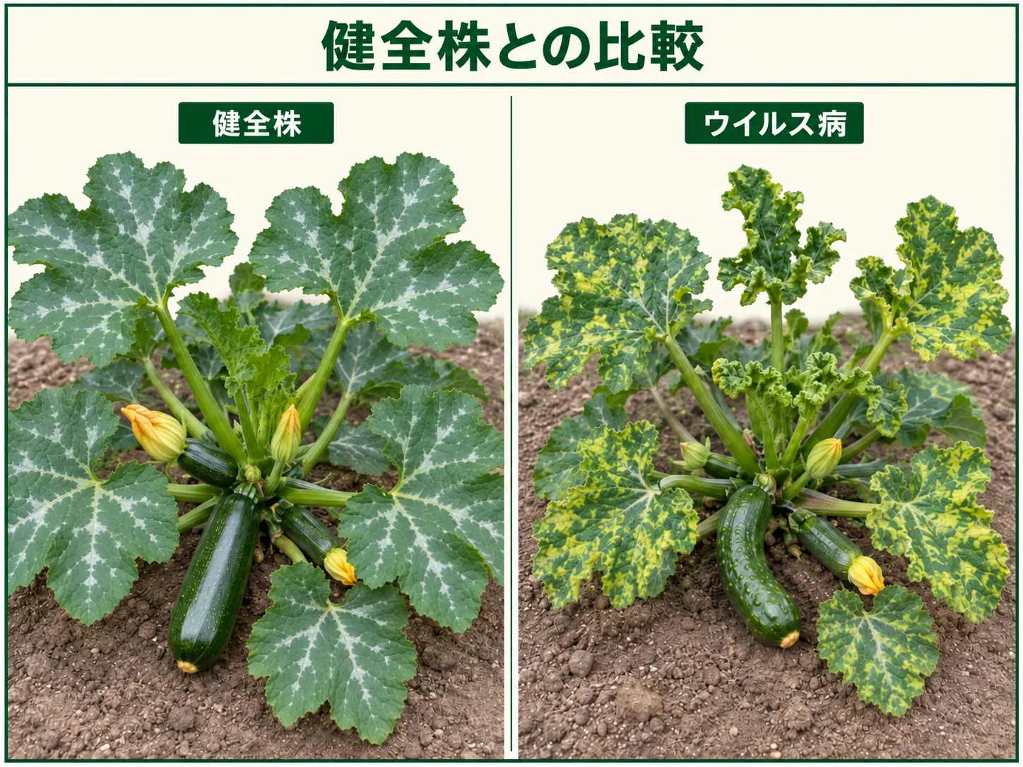 健全なズッキーニ株とウイルス病でモザイクや新葉の変形が出た株を比較した図解
