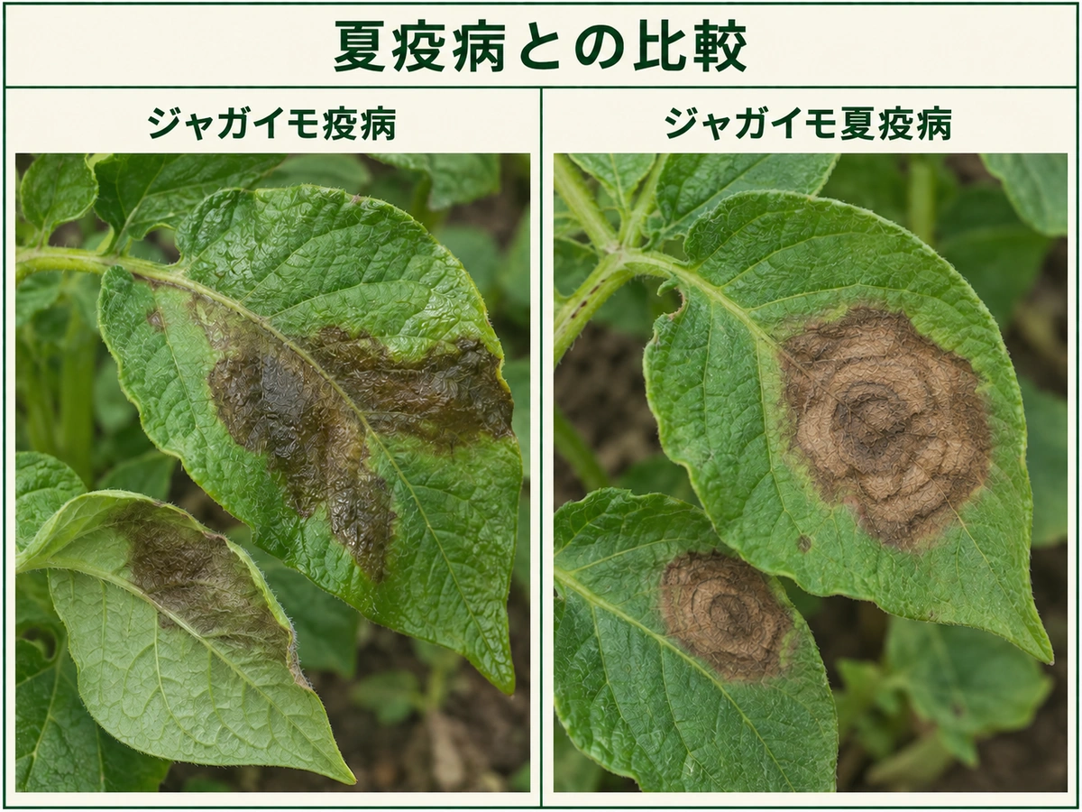 ジャガイモ疫病と夏疫病の葉の病斑を比較した図解