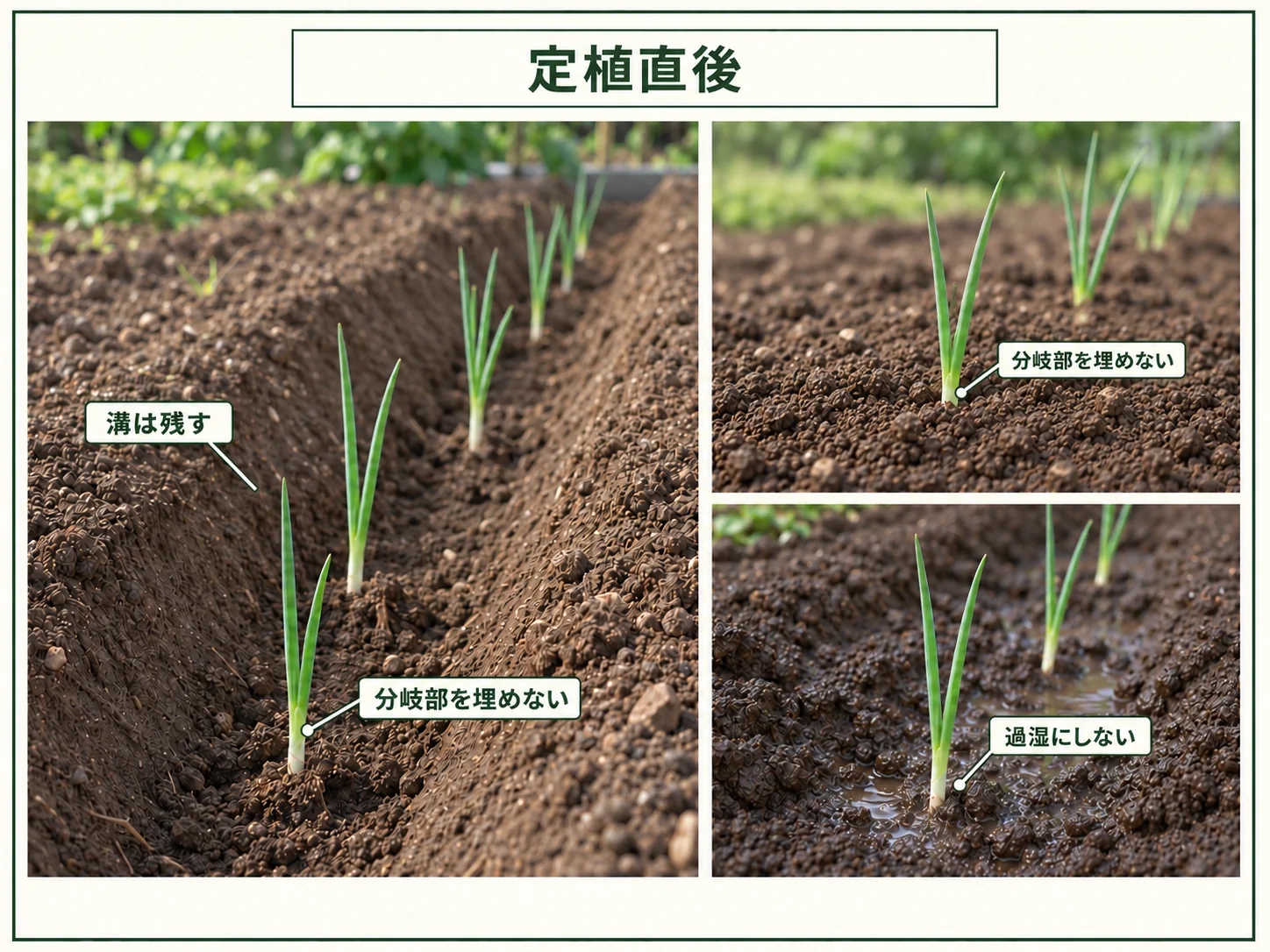 長ネギの定植直後に植え溝を残し、葉の分岐部を埋めず過湿を避ける管理