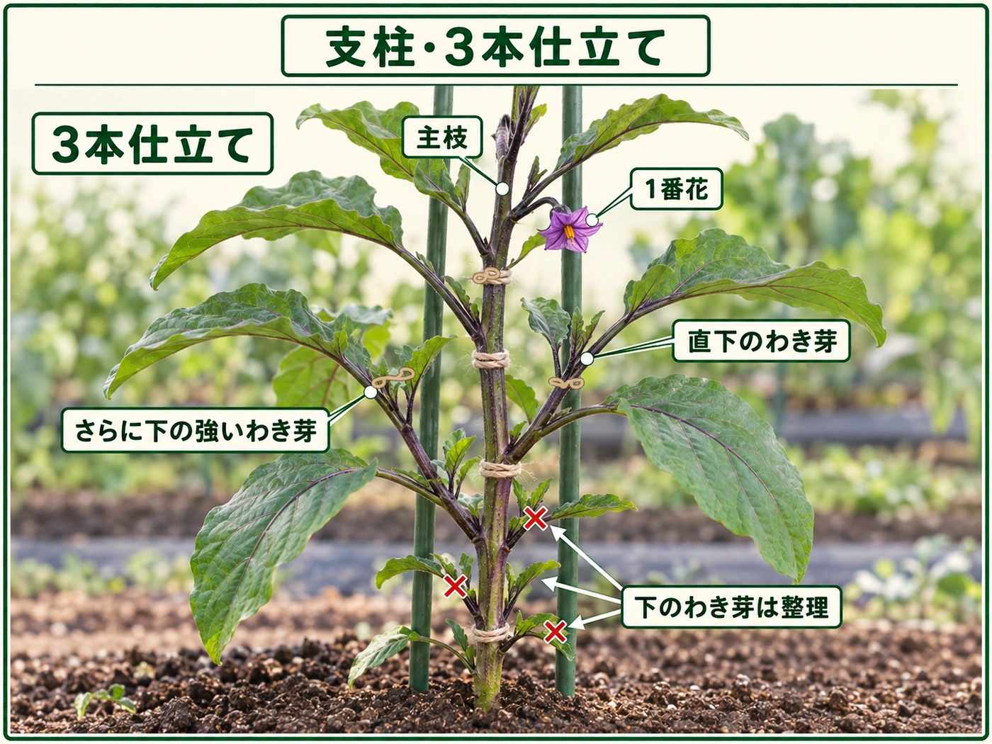 ナスの主枝と1番花直下、その下の強いわき芽を残して3本仕立てにする整枝方法