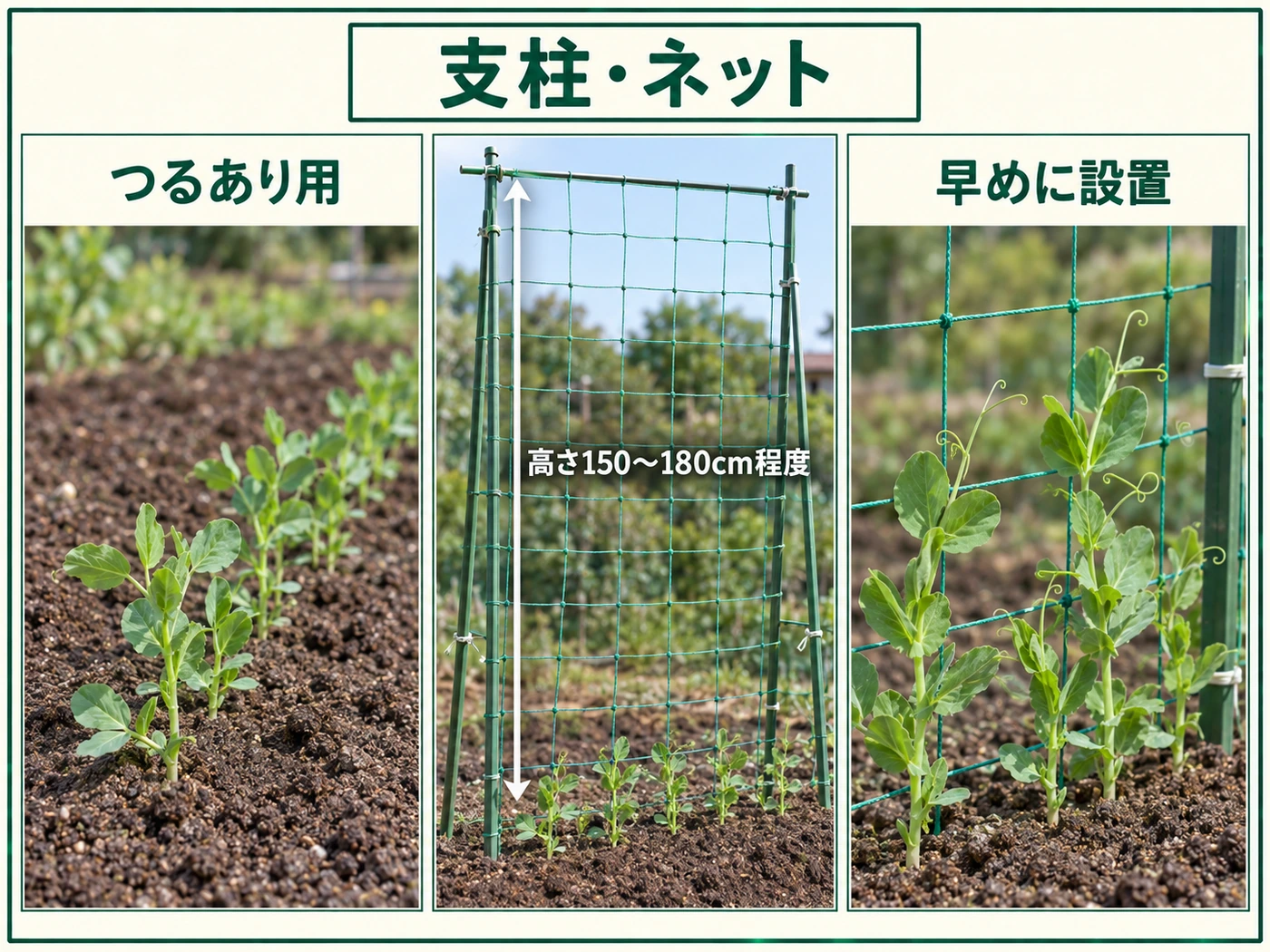 つるありサヤエンドウに高さ150〜180cm程度の支柱とネットを設置する方法