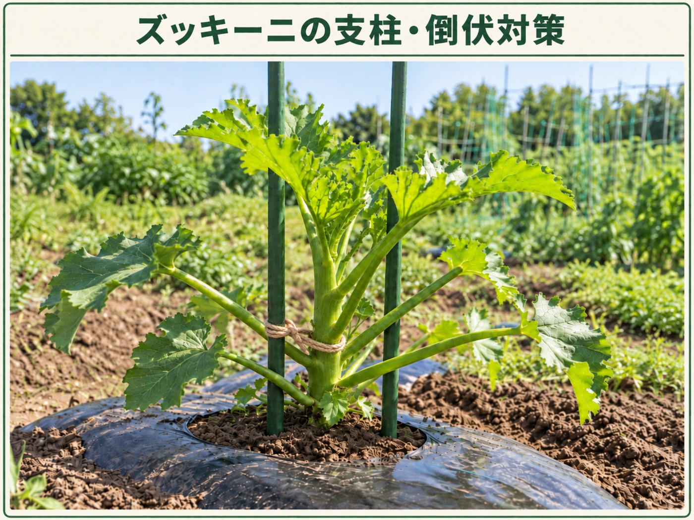 ズッキーニを支柱で支えて倒伏を防ぐ方法