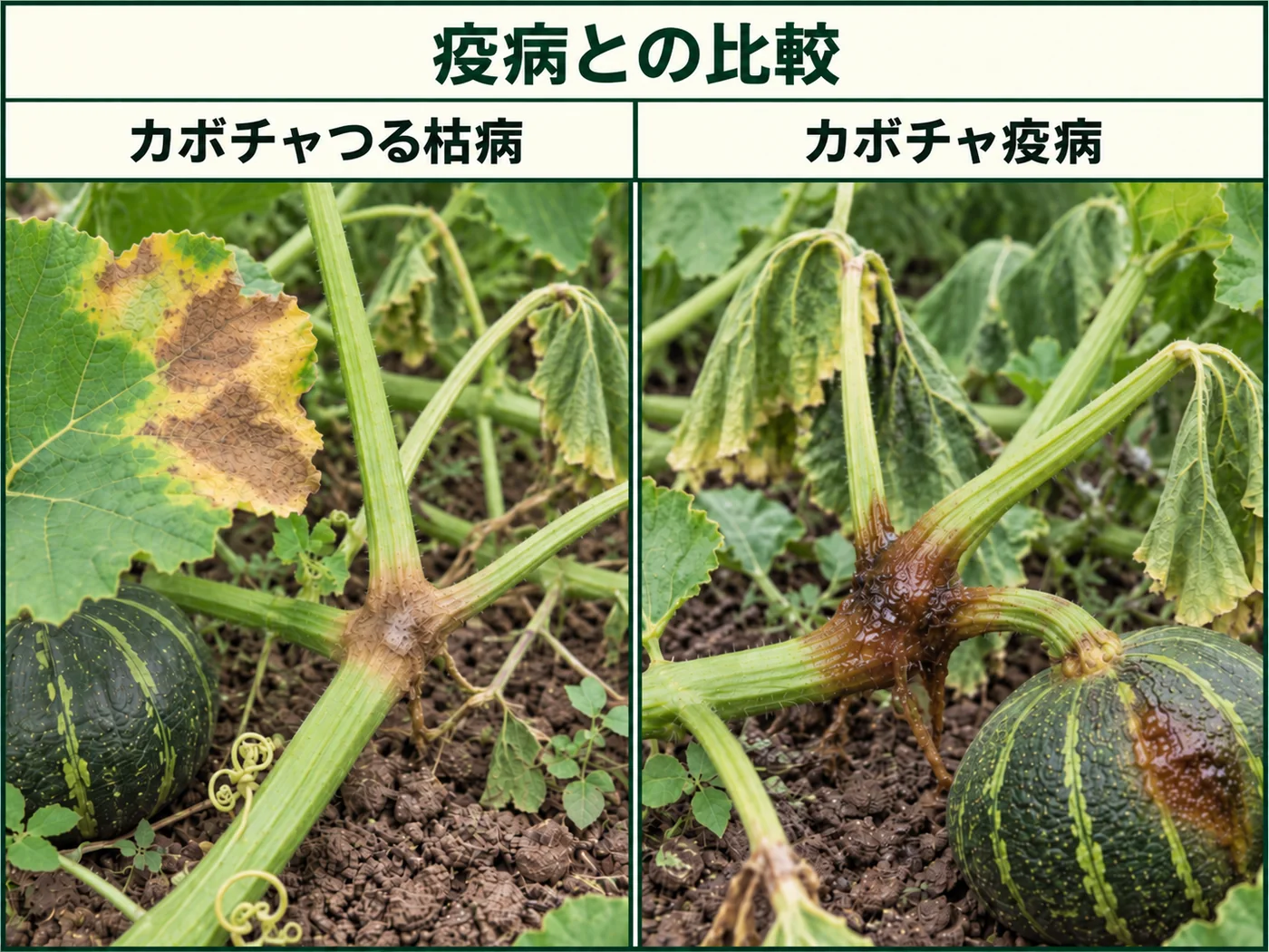 カボチャつる枯病の乾いた局所病斑と、疫病の水浸状に腐敗する症状を比較した図解