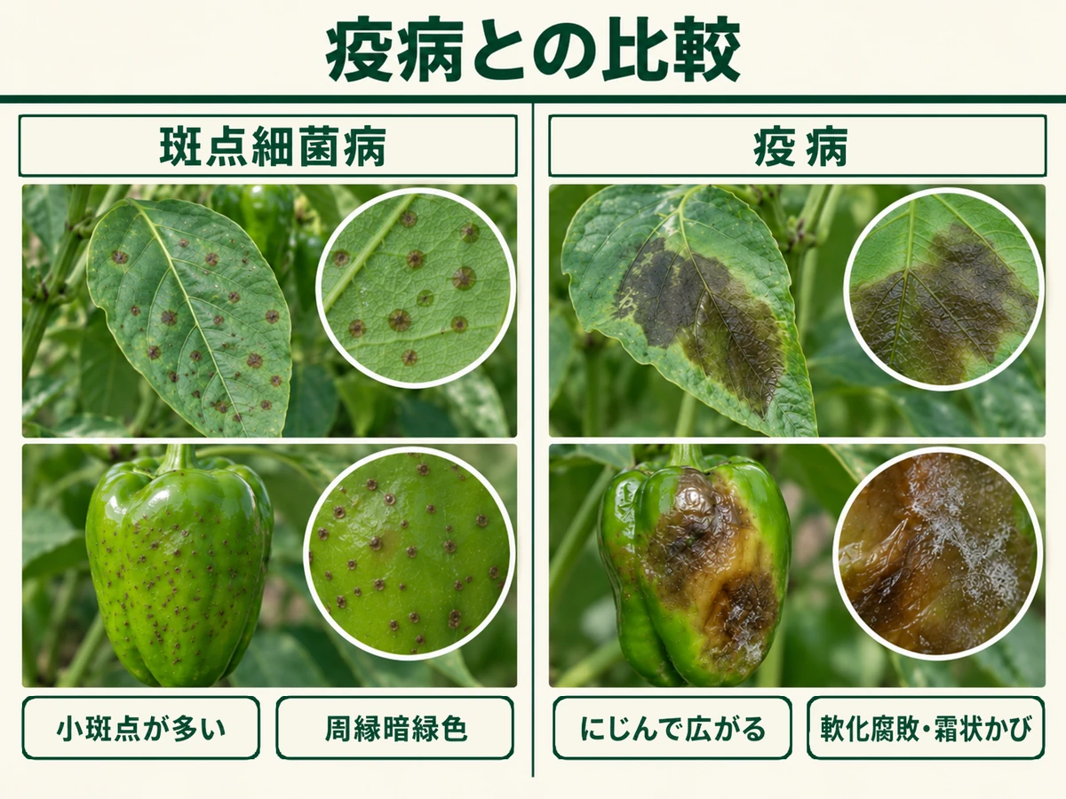 ピーマン斑点細菌病の小斑点と暗緑色の周縁、疫病のにじむ病斑と軟化腐敗・霜状のかびを比較した図解