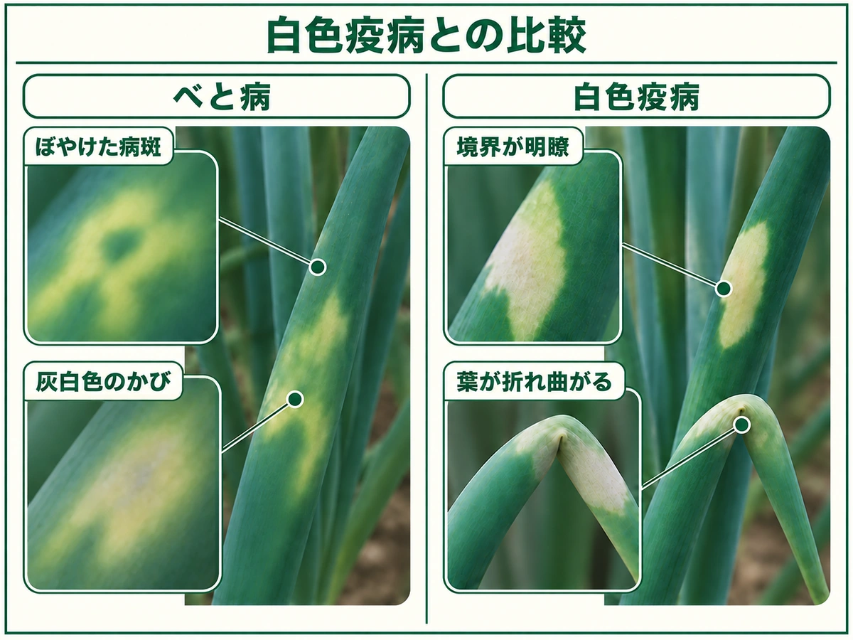 ネギべと病のぼやけた病斑と灰白色のかび、白色疫病の境界明瞭な病斑と葉の折れ曲がりを比較した図解