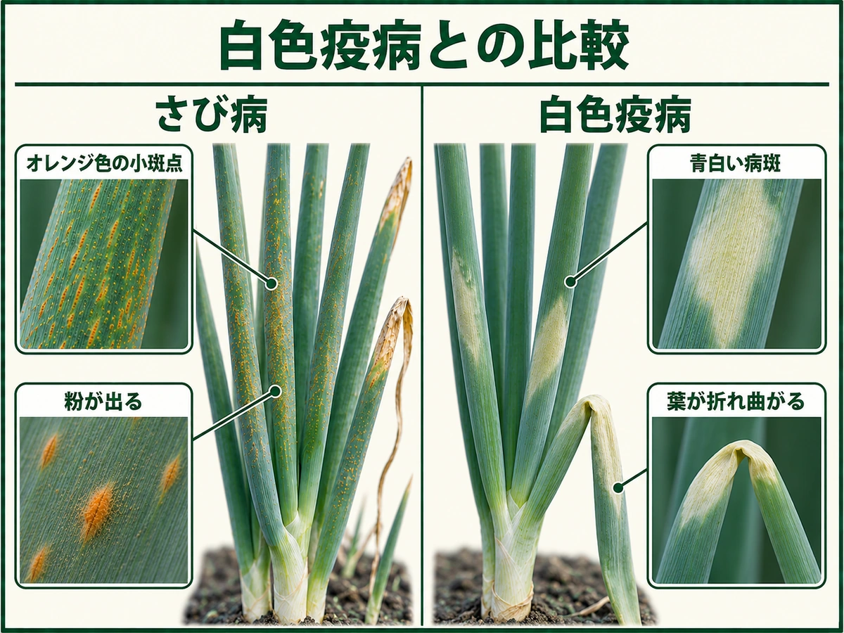 ネギさび病のオレンジ色の小斑点と白色疫病の青白い病斑・葉の折れ曲がりを比較した図解