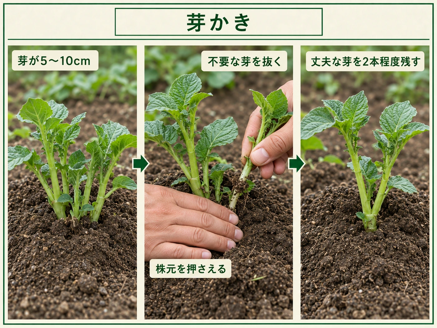 ジャガイモの芽が5〜10cmのころに丈夫な芽を2本程度残して芽かきする方法