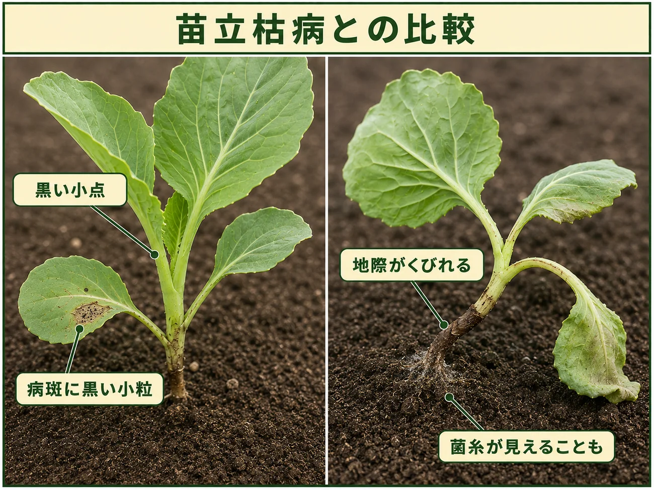 キャベツ根朽病の黒い小点・黒い小粒と苗立枯病の地際のくびれ・菌糸を比較した図解