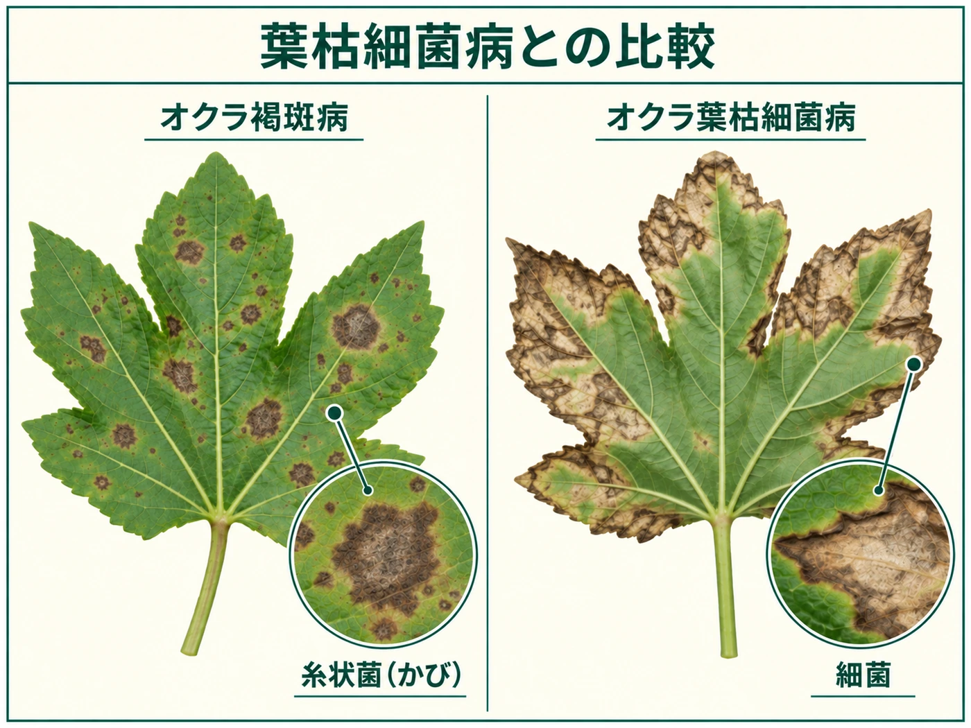 オクラ褐斑病とオクラ葉枯細菌病の葉の病斑を比較した図解