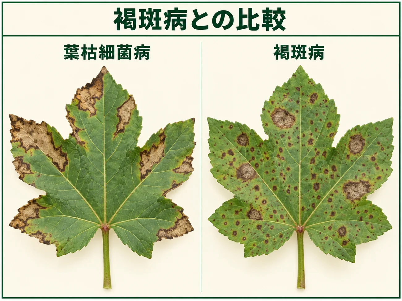 オクラ葉枯細菌病の不整形病斑と褐斑病の褐色小斑点から大型病斑へ広がる症状を比較した図解