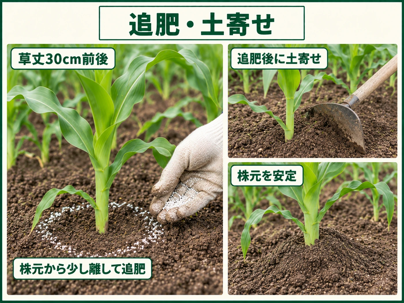 トウモロコシの草丈30cm前後で株元から少し離して追肥し土寄せする方法