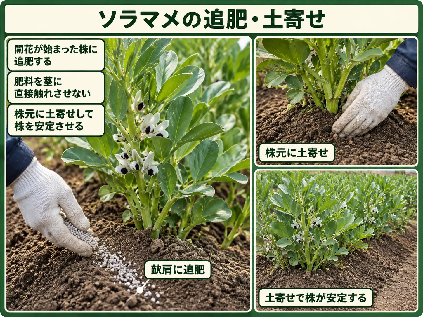 ソラマメの生育に合わせて追肥し土寄せする方法