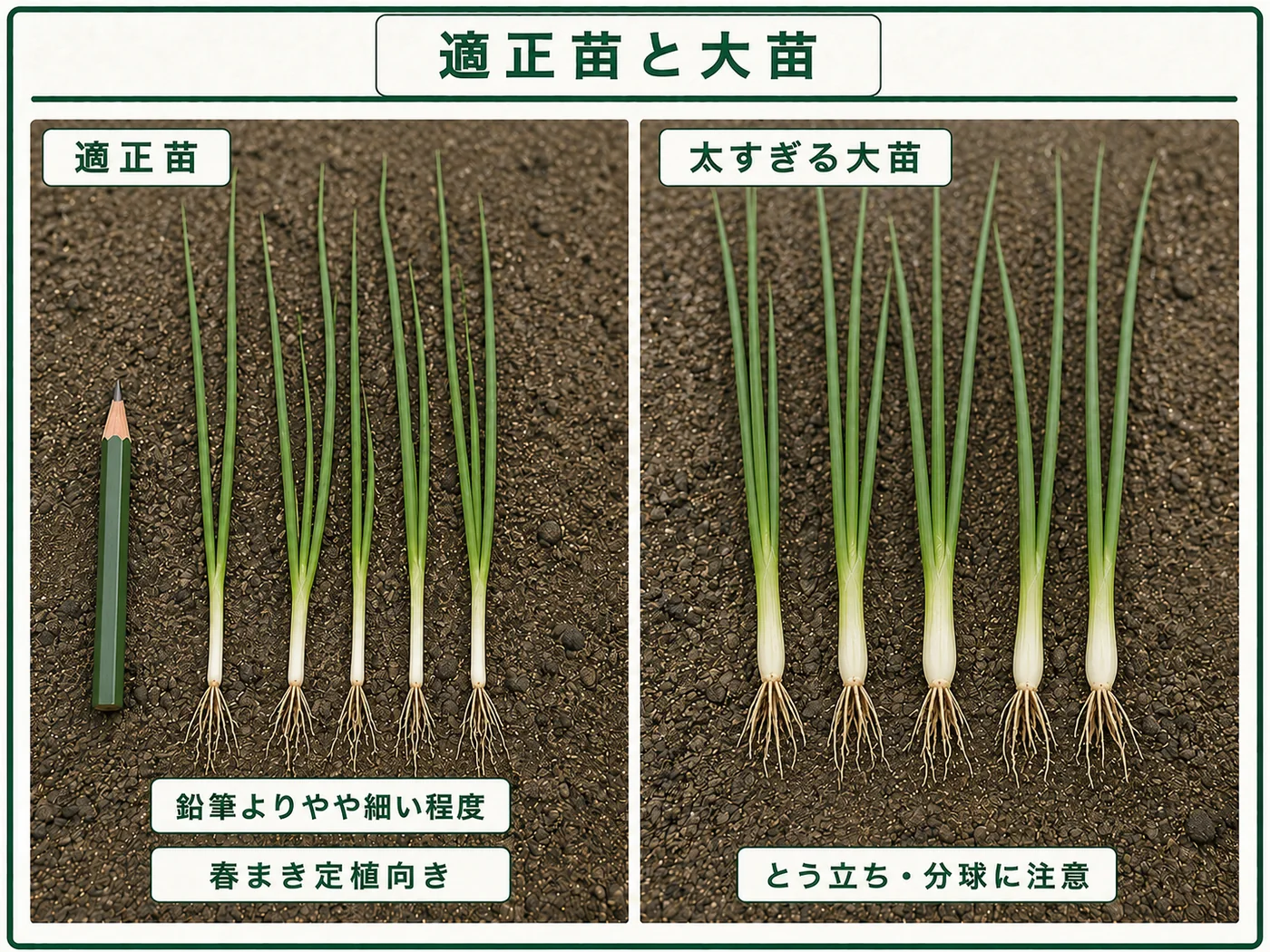 タマネギの適正苗と太すぎてとう立ち・分球リスクが高い大苗の比較