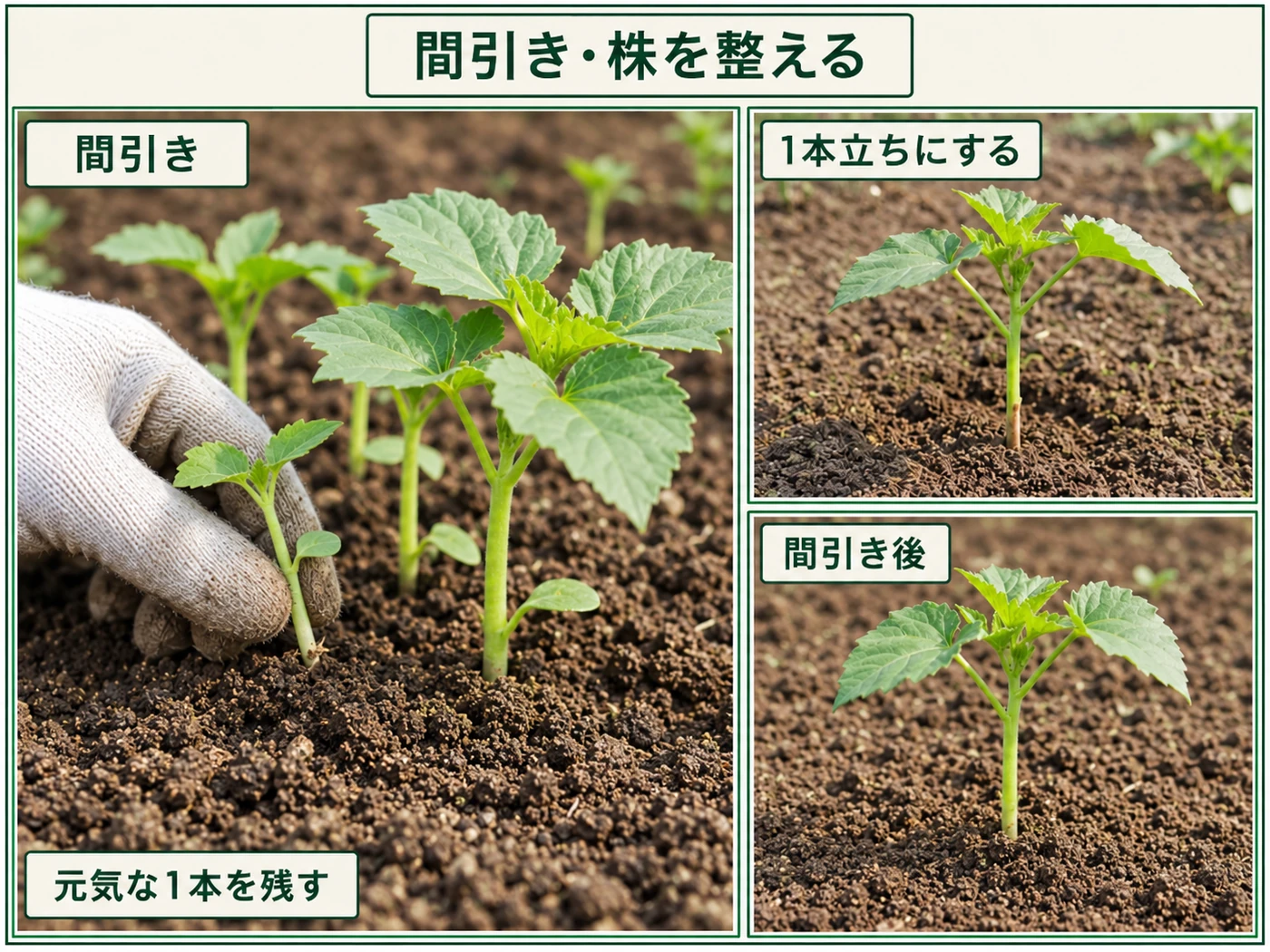 オクラの苗を間引いて元気な1株を残す方法