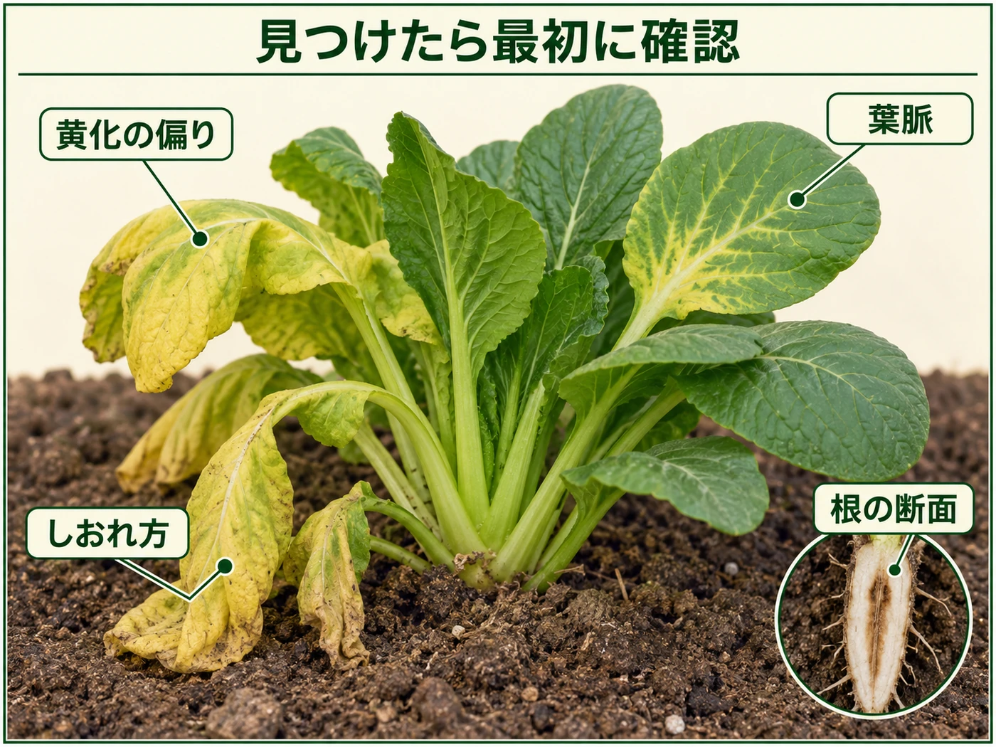 コマツナ萎黄病を見つけたときに確認する片側黄化、葉脈、しおれ、主根内部を示した図解