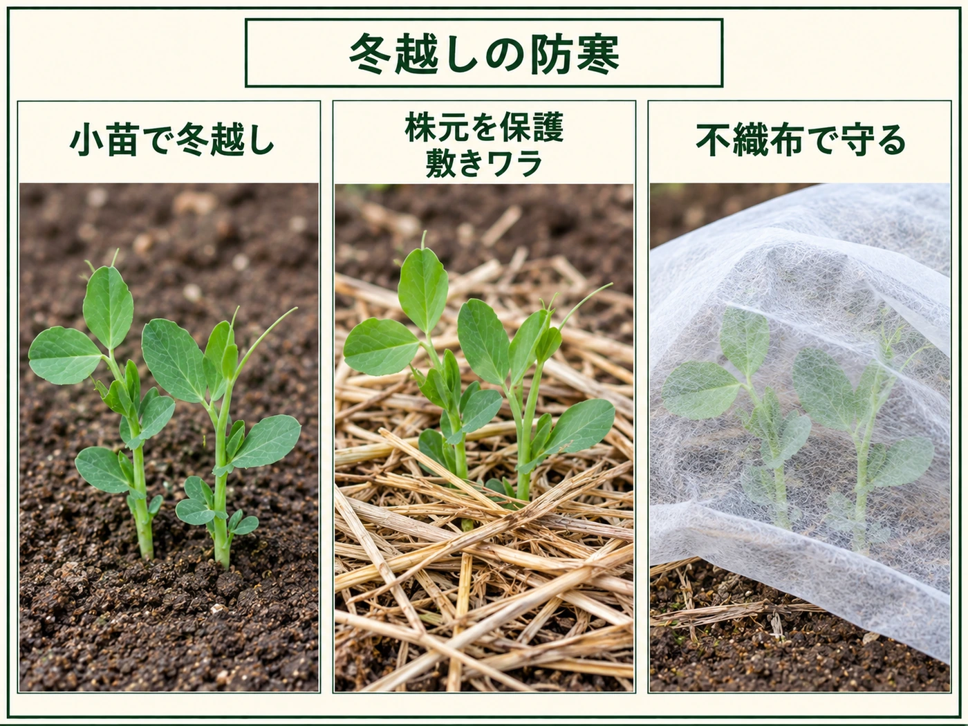 サヤエンドウの小苗を敷きわらと不織布で守って冬越しさせる防寒方法