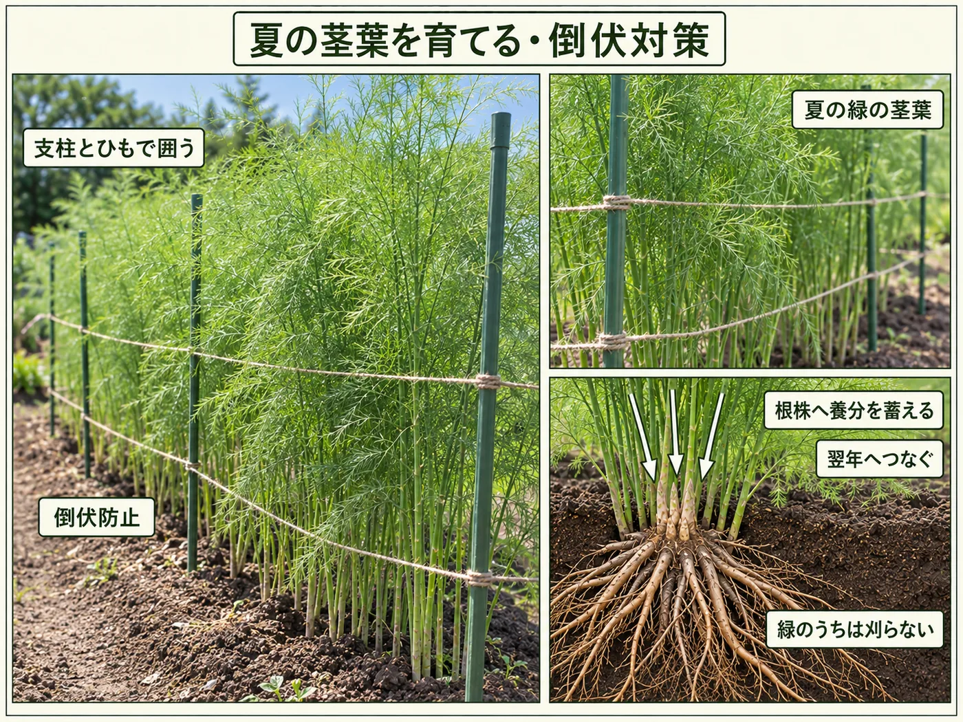 アスパラガスの夏の茎葉を支柱とひもで囲って倒伏を防ぐ方法