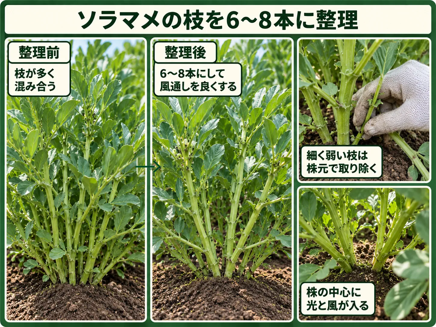 ソラマメの枝数を6〜8本に整理して草勢を整える方法