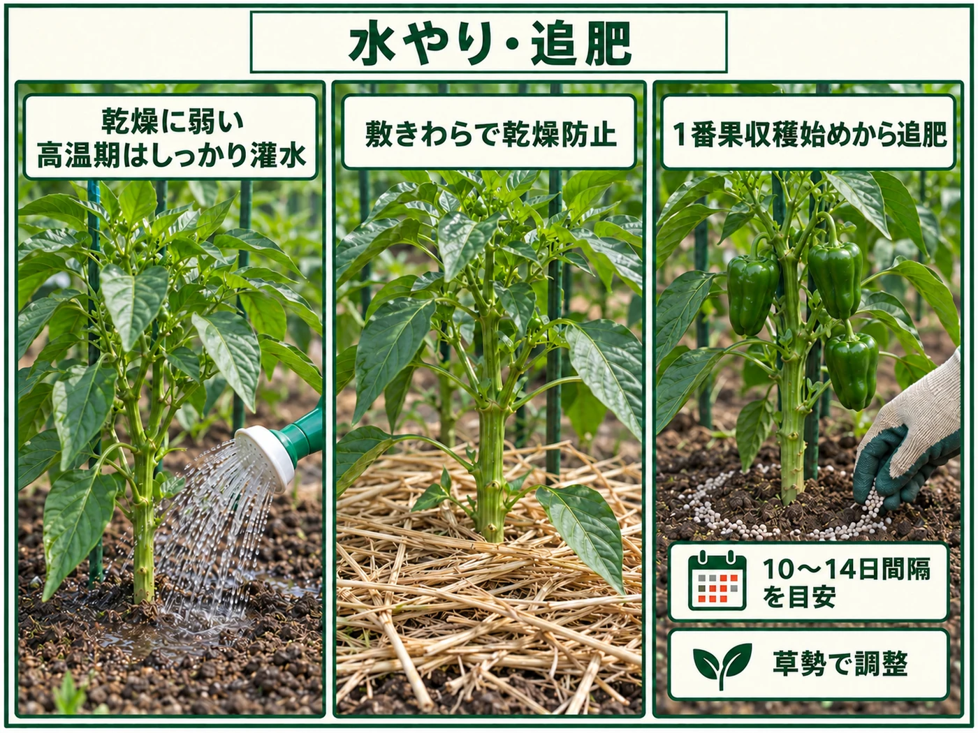 ピーマンを乾燥させず、高温期にしっかり潅水し、1番果収穫始めから10〜14日間隔を目安に追肥する管理