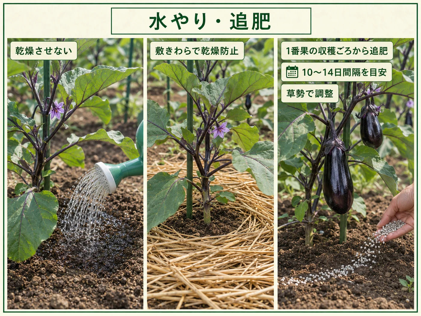 ナスを乾燥させず、1番果の収穫ごろから10〜14日間隔を目安に追肥する管理