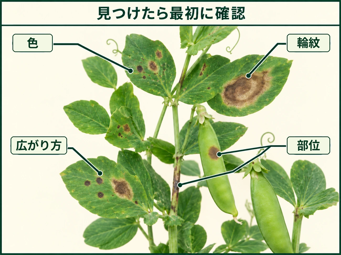 サヤエンドウ褐紋病を見つけたときに確認する色、輪紋、部位、広がり方を示した図解