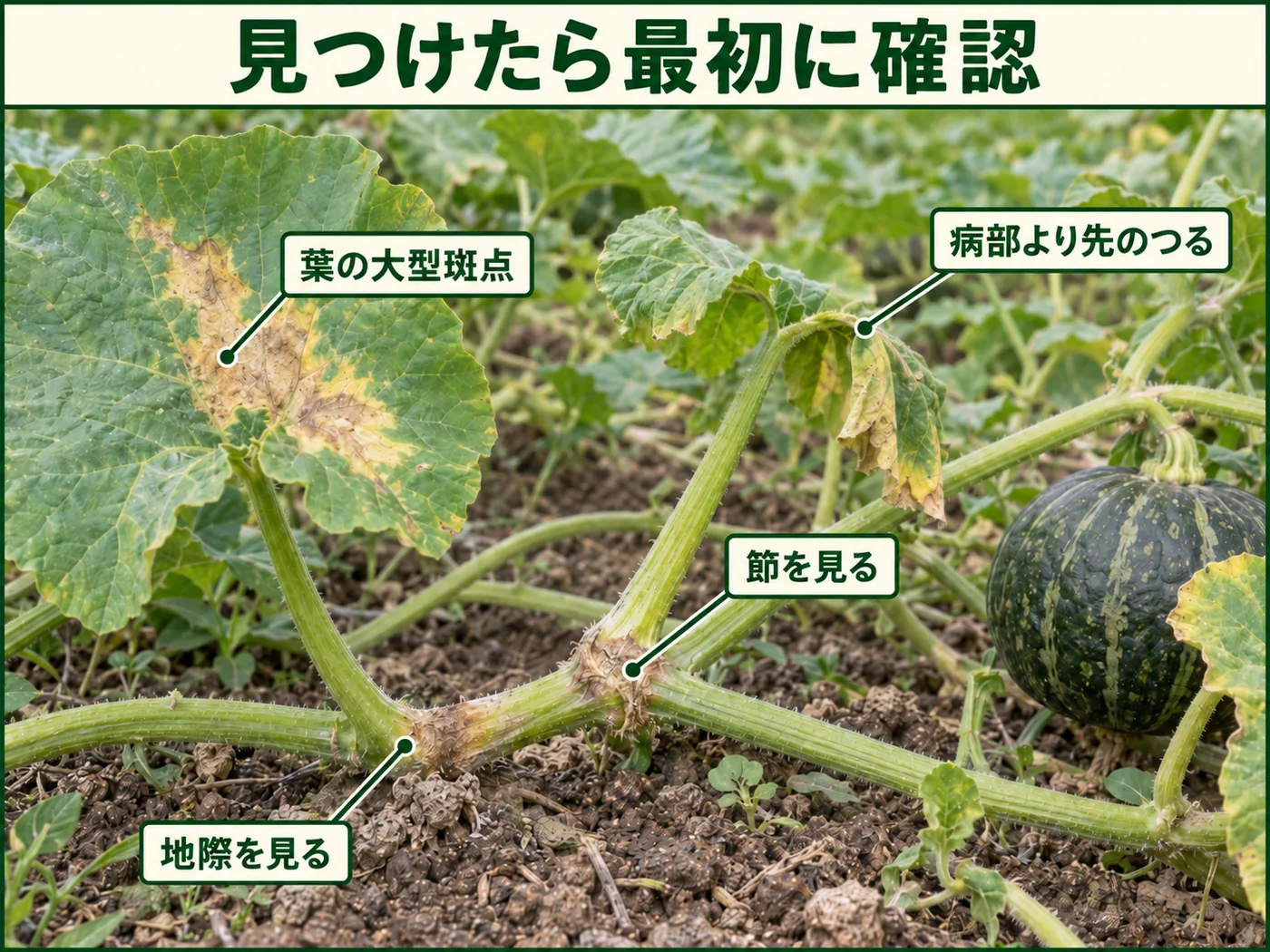 カボチャつる枯病を見つけたときに確認する地際、節、病部より先のつる、葉の大型病斑を示した図解