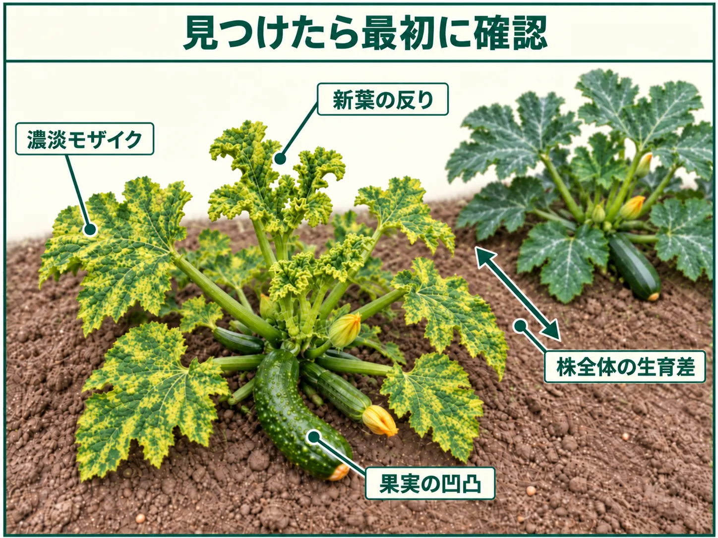 ズッキーニウイルス病を見つけたときに確認する濃淡モザイク、新葉の反り、株全体の生育差、果実の凹凸を示した図解