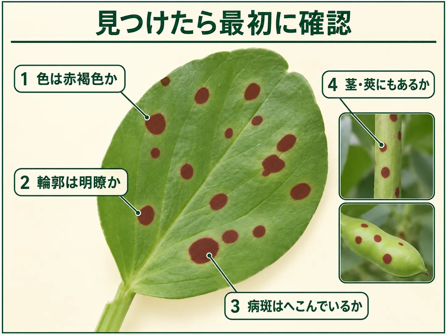 ソラマメ赤色斑点病を見つけたときに確認する赤褐色の色、明瞭な輪郭、病斑のへこみ、茎や莢の斑点を示した図解