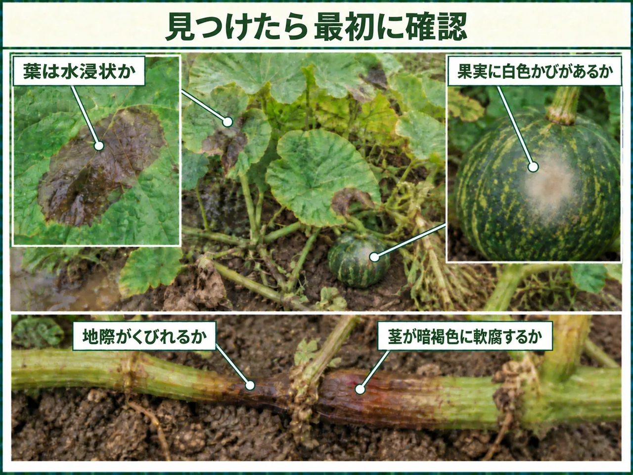 カボチャ疫病を見つけたときに確認する葉の水浸状病斑、地際のくびれ、茎の暗褐色軟腐、果実の白いかびを示した図解