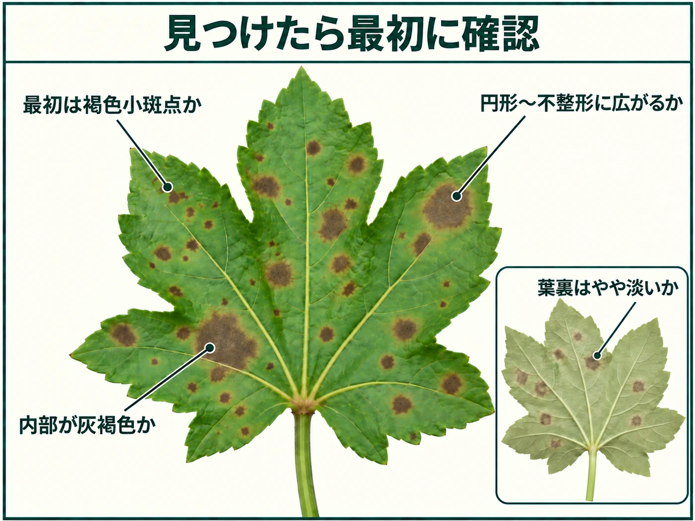 オクラ褐斑病を見つけたときに確認する褐色小斑点、円形から不整形への拡大、灰褐色の内部、淡い葉裏病斑を示した図解