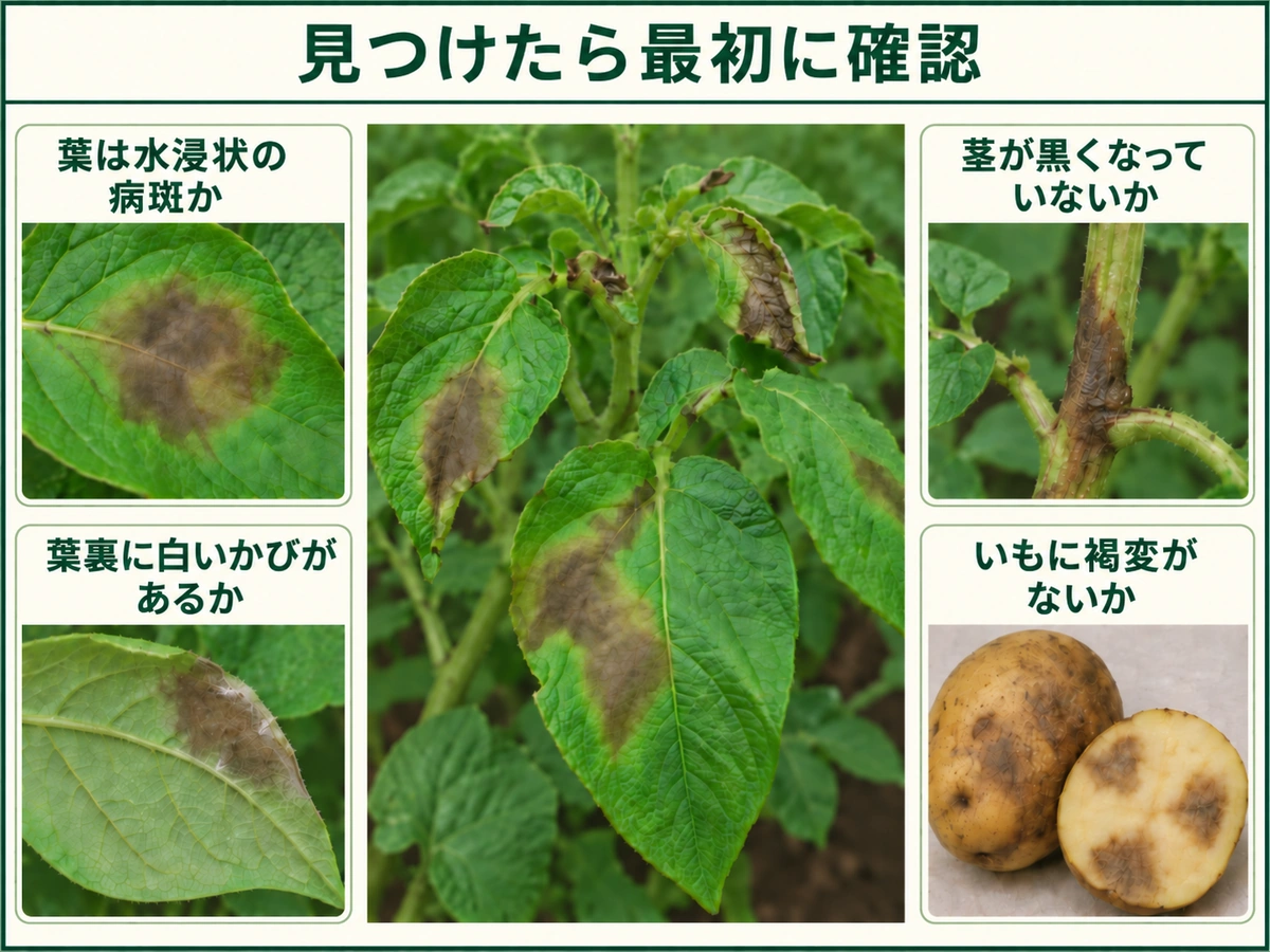 ジャガイモ疫病を見つけたときに確認する水浸状病斑、葉裏の白いかび、茎の褐変、いもの褐色斑を示した図解