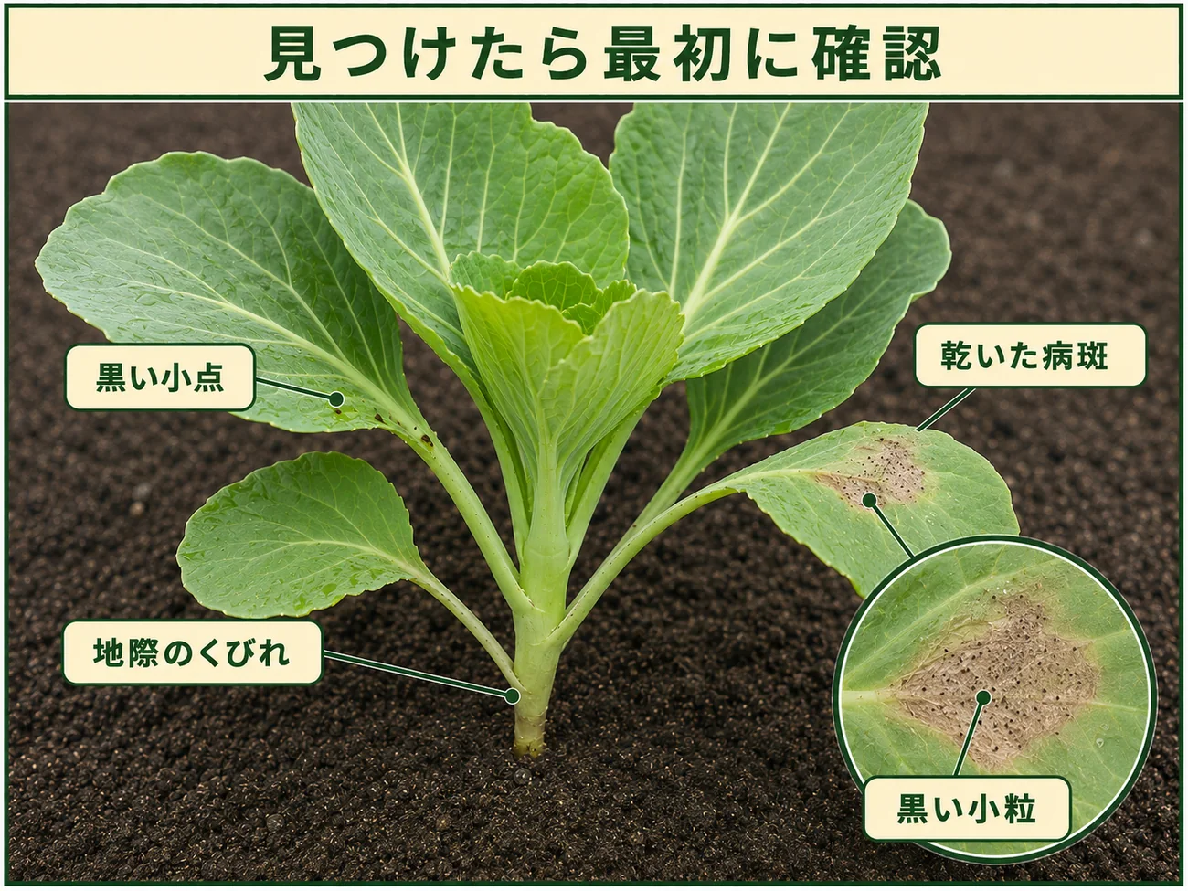 キャベツ根朽病を見つけたときに確認する黒い小点、地際のくびれ、乾いた病斑、黒い小粒を示した図解