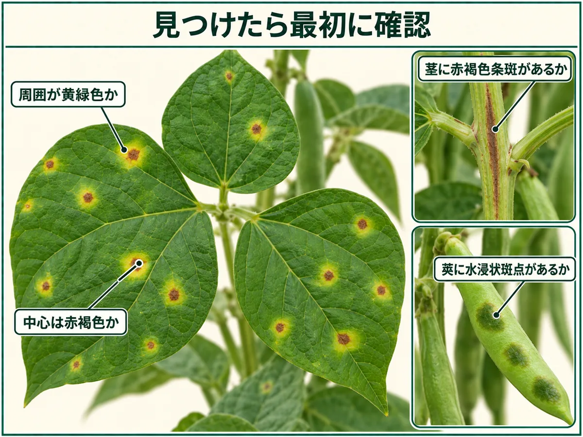 インゲンかさ枯病を見つけたときに確認する黄緑色のハロー、赤褐色の中心、茎の赤褐色条斑、莢の水浸状斑点を示した図解