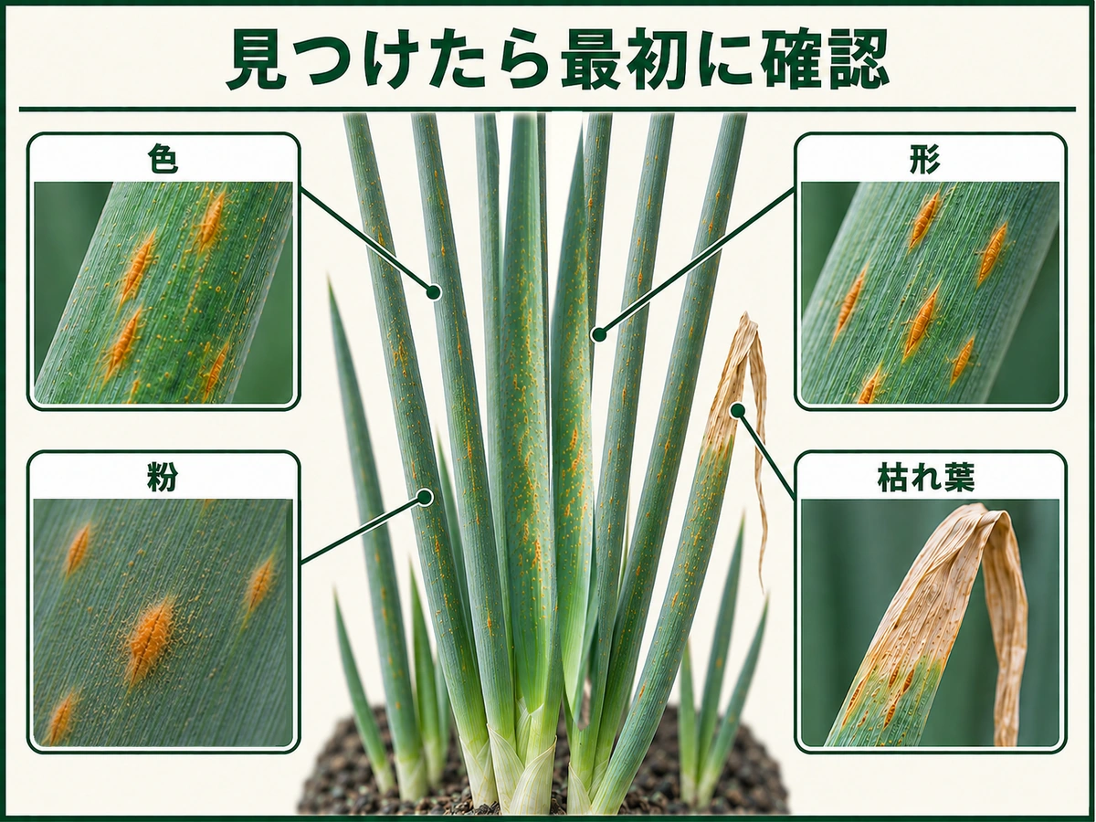 ネギさび病を見つけたときに確認する病斑の色、形、粉状胞子、枯れ葉を示した図解