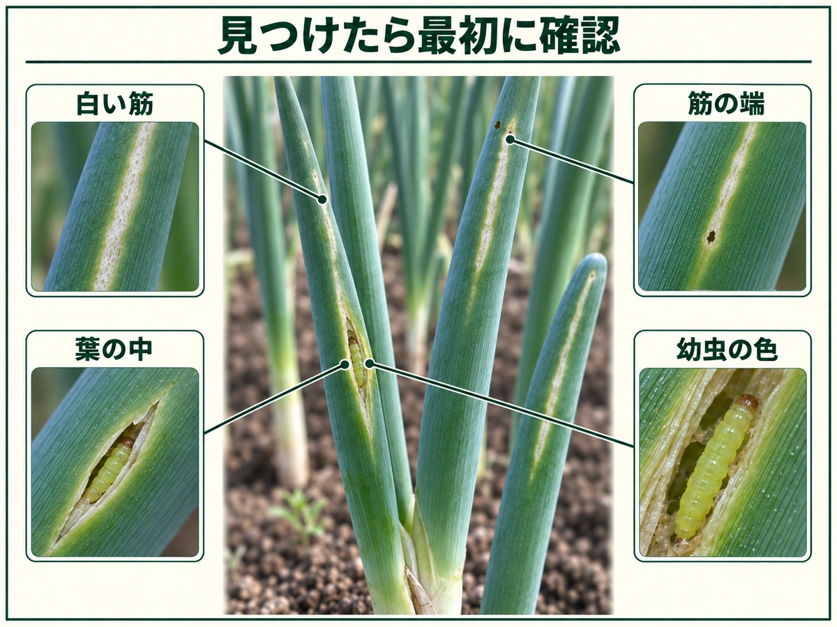 ネギコガを見つけたときに確認する白い筋、筋の端、葉の中、幼虫の色を示した図解
