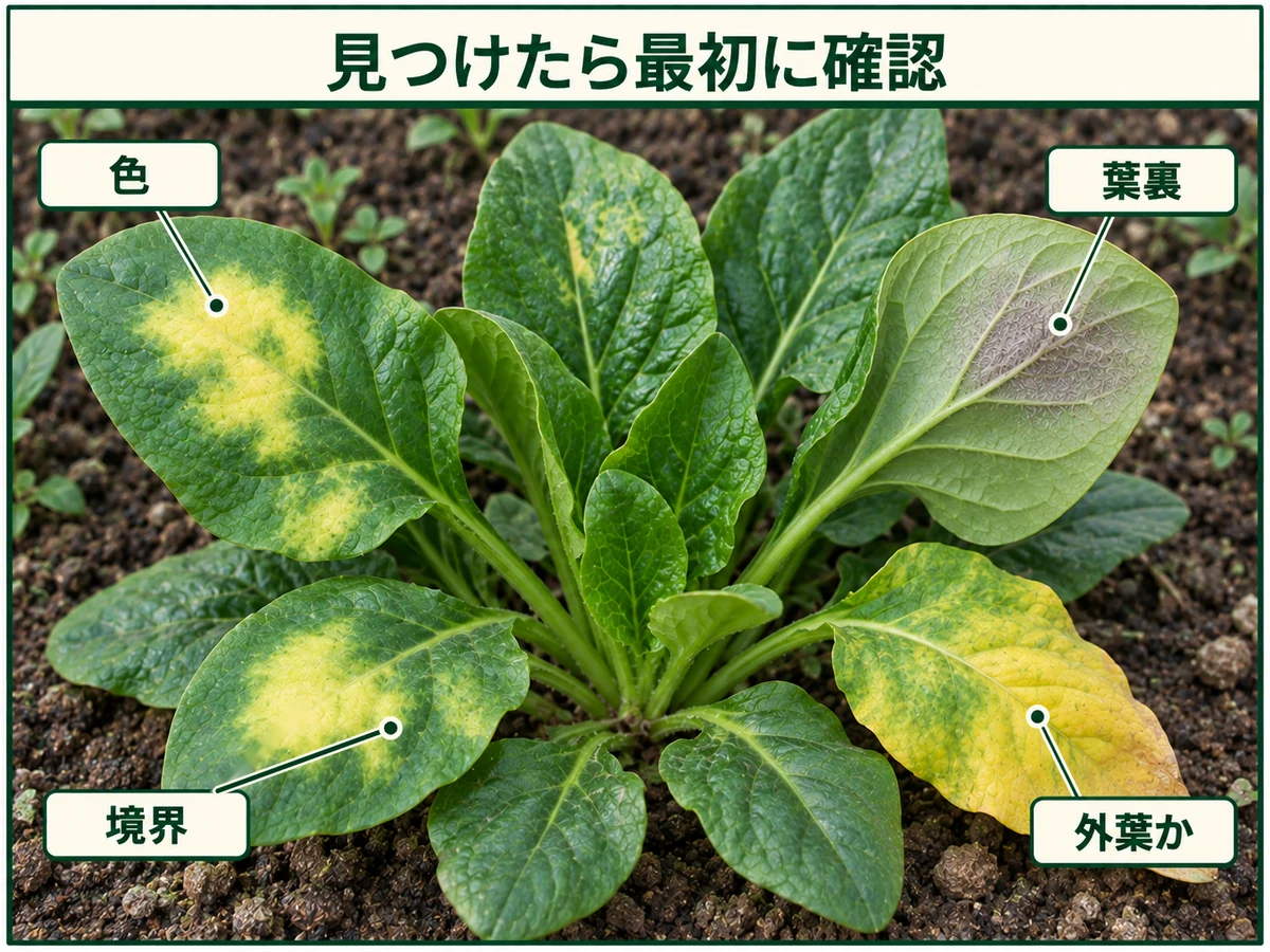 ホウレンソウべと病を見つけたときに確認する色、境界、葉裏、外葉かどうかを示した図解