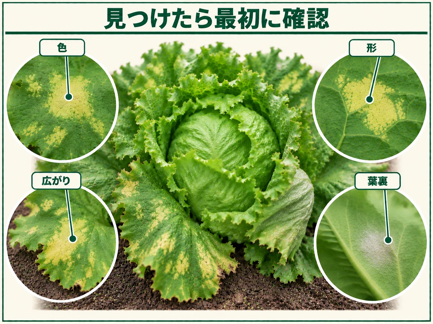 レタスべと病を見つけたときに確認する色、病斑の形、広がり方、葉裏の白いかびを示した図解
