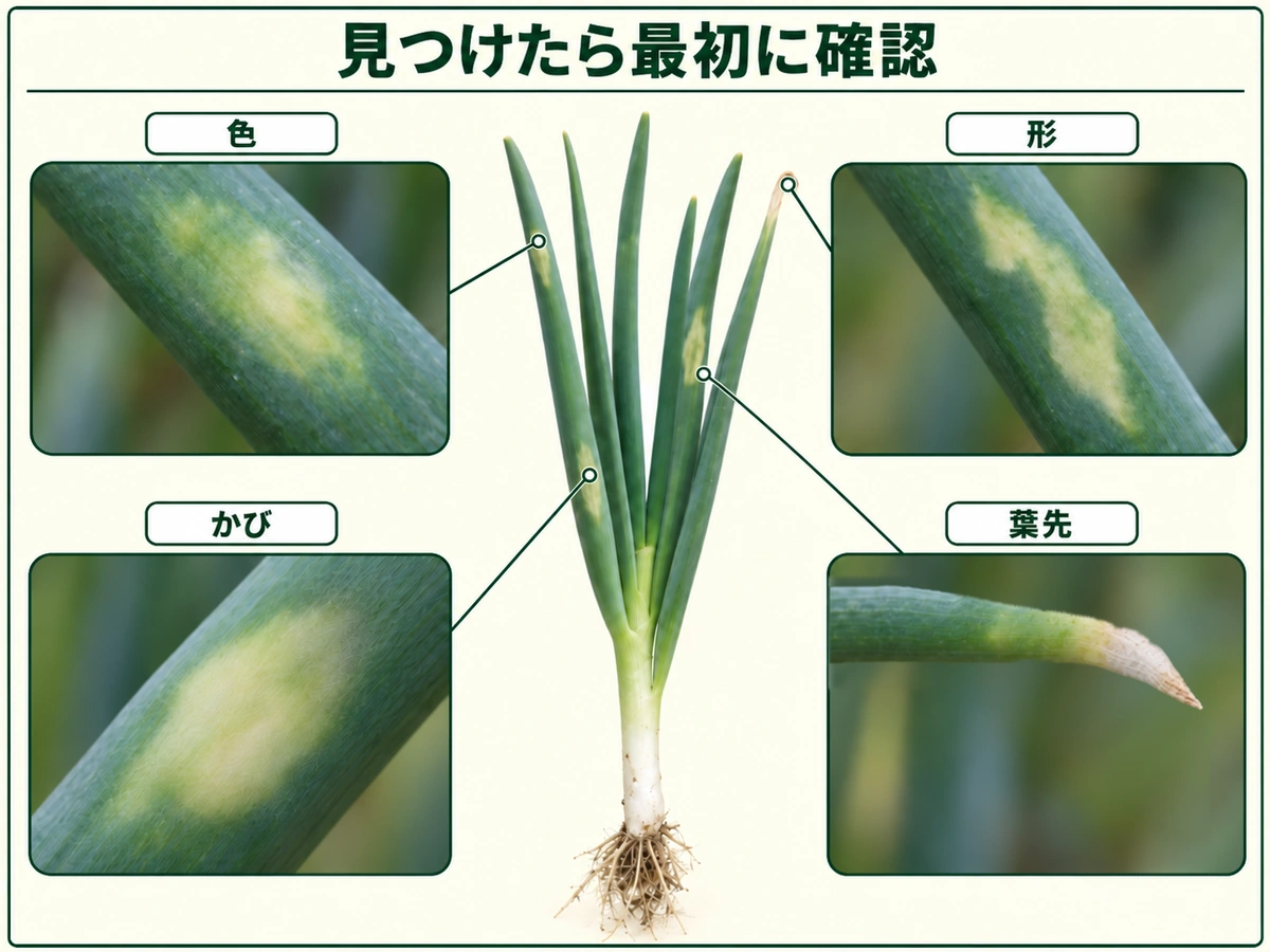 ネギべと病を見つけたときに確認する色、輪郭、灰白色のかび、枯れ方を示した図解